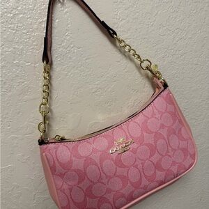 Coach Pink Signature Canvas Shoulder Bag with Gold Hardware
